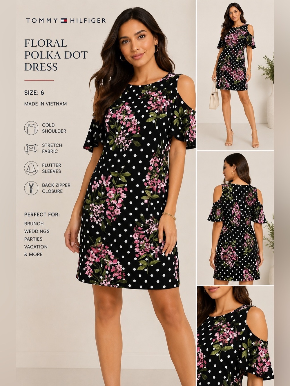 Tommy Hilfiger Floral Polka Dot Cold Shoulder Dress – Size 6